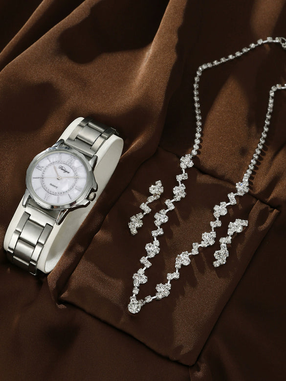 Business Style Round Dial Alloy Strap Quartz Watch For Female With Stainless Steel Clasp