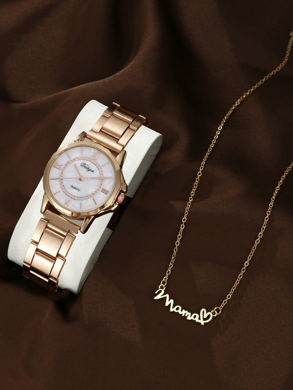 Business Style Round Dial Alloy Strap Quartz Watch For Female With Stainless Steel Clasp