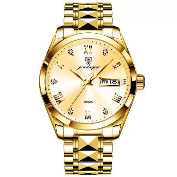Business Style Waterproof Luminous Double Calendar Men's Watch With Alloy Case Stainless Steel Strap And Mineral Strengthened Glass Mirror