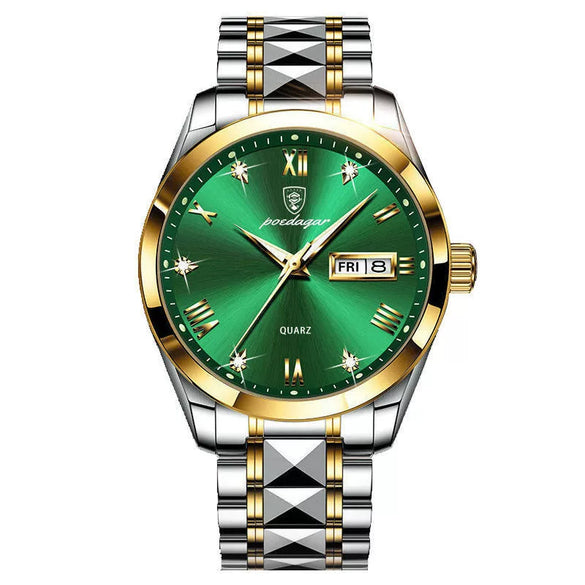 Business Style Waterproof Luminous Double Calendar Men's Watch With Alloy Case Stainless Steel Strap And Mineral Strengthened Glass Mirror