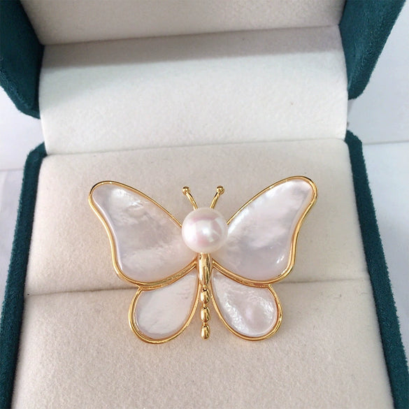 Butterfly Brooch Shell Natural Sea Fritillary Water Pearl Insect Pattern Electroplated Women's Fashion Accessory