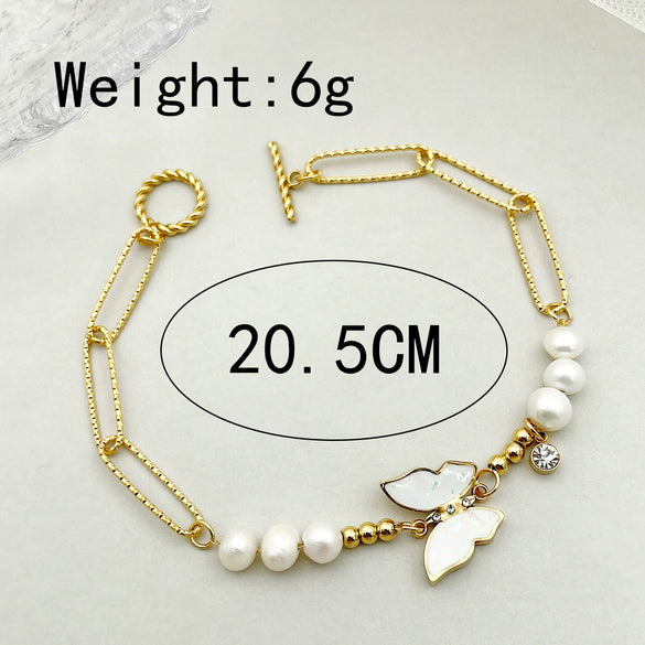 Butterfly Pendant Bracelet Stainless Steel Zircon Freshwater Pearl Electroplated For Women