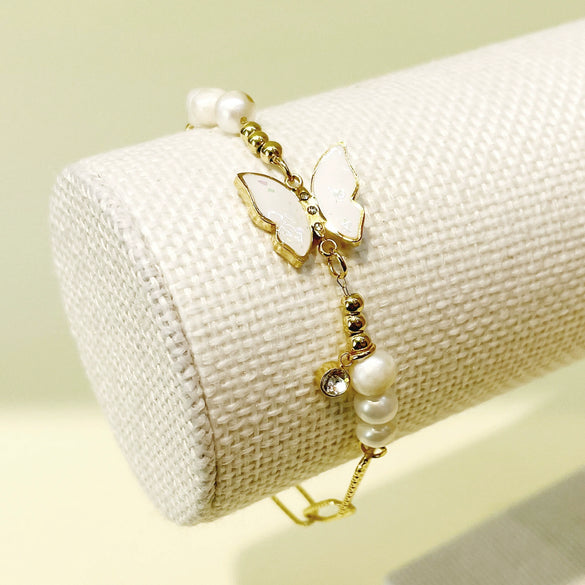 Butterfly Pendant Bracelet Stainless Steel Zircon Freshwater Pearl Electroplated For Women