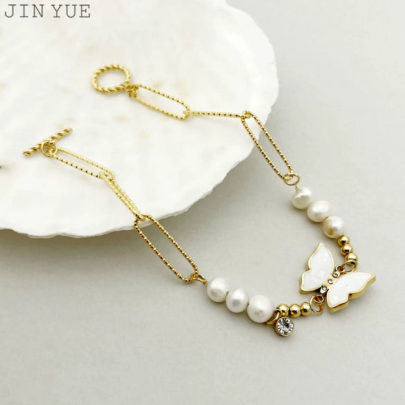 Butterfly Pendant Bracelet Stainless Steel Zircon Freshwater Pearl Electroplated For Women