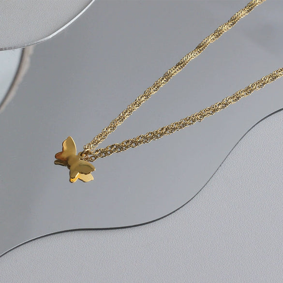 Butterfly Pendant Necklace Titanium Steel Gold Plated With Bow Pattern For Women