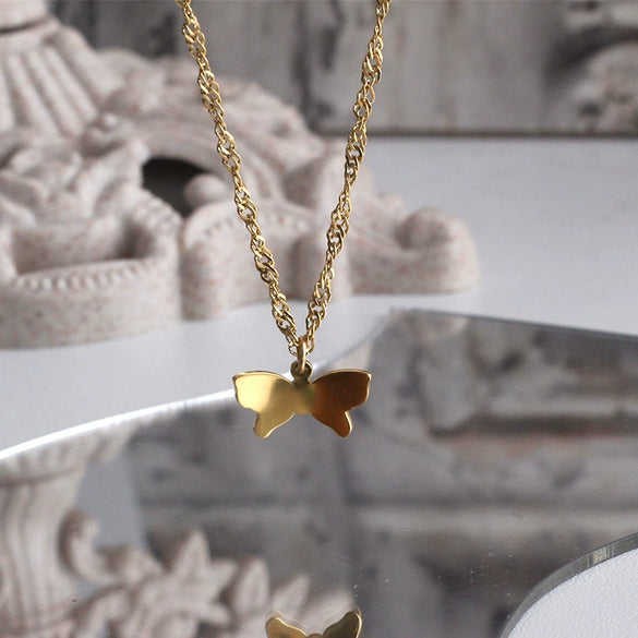 Butterfly Pendant Necklace Titanium Steel Gold Plated With Bow Pattern For Women