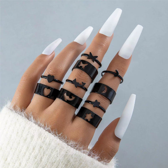 Butterfly Ring Set Creative Hollow Punk Style Couple Ring Tin Alloy Geometric Electroplated