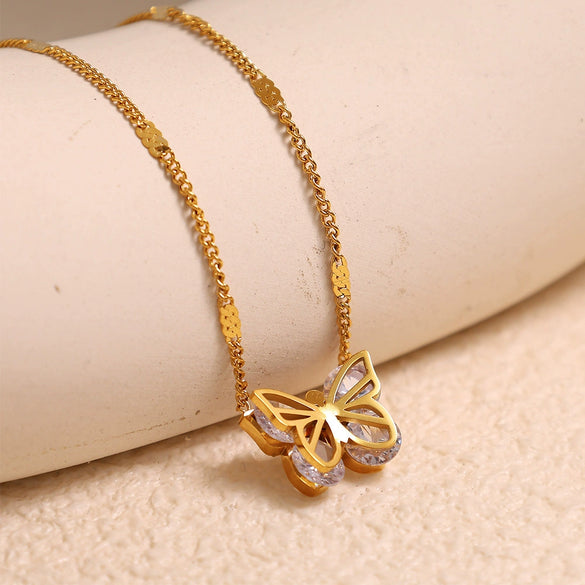 Butterfly Zircon 316L Stainless Steel Women's Necklace With Animal Zodiac Pattern And Electroplating Treatment