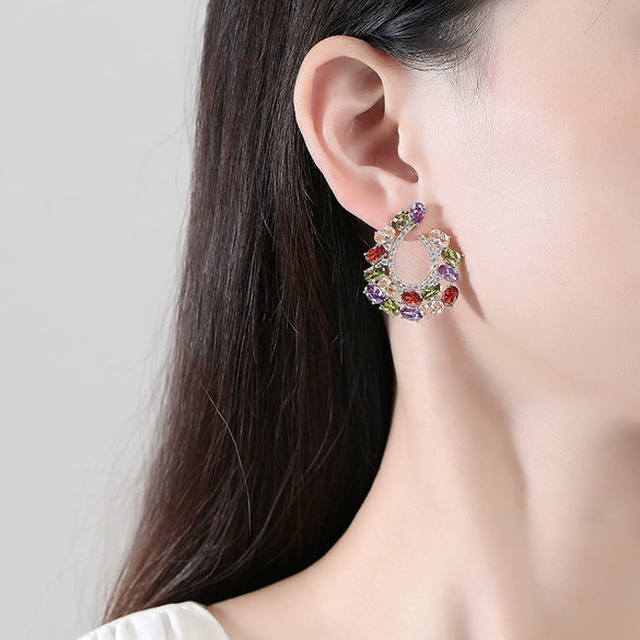 C Shaped Copper Earrings With Colorful Zircon Inlay Geometric Design Luxury Fashion Earrings For Women