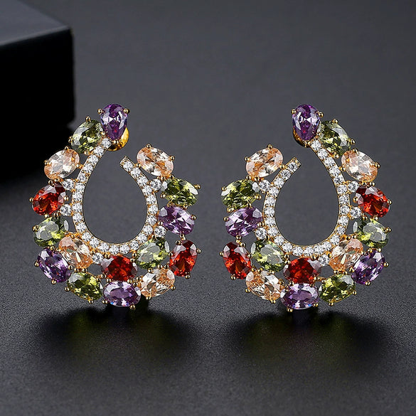 C Shaped Copper Earrings With Colorful Zircon Inlay Geometric Design Luxury Fashion Earrings For Women