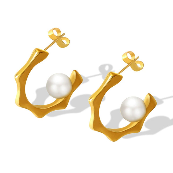 C Shaped Elegant Simple All Match Female Imitation Pearl Gold Plated Electroplated Ear Jewelry With Geometric Design