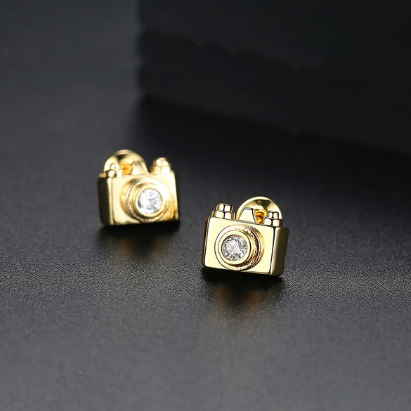 Camera Motif Copper Stud Earrings With Inlaid Zircon Geometric Artistic Jewelry For Women Wholesale
