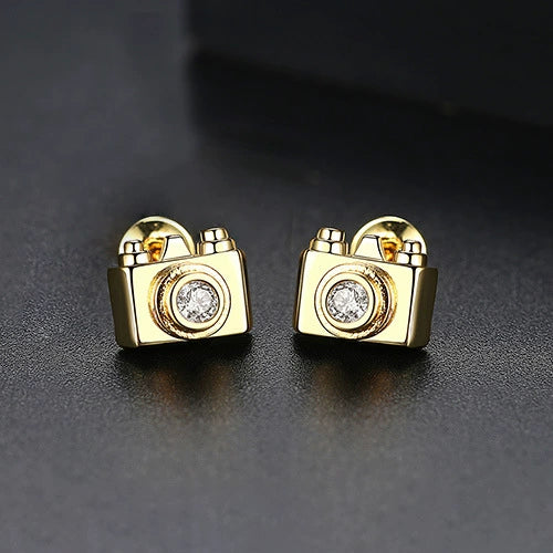 Camera Motif Copper Stud Earrings With Inlaid Zircon Geometric Artistic Jewelry For Women Wholesale