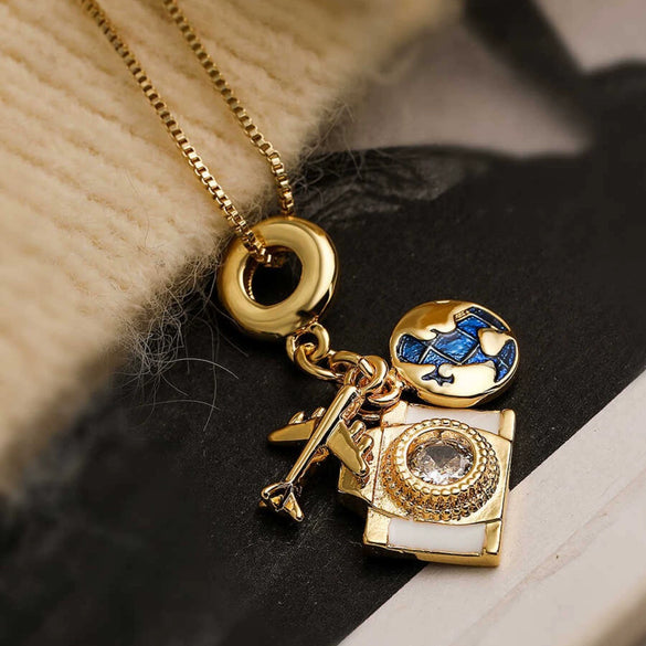 Camera Stainless Steel Necklace With Geometric Letters Numbers Text Pattern Electroplated