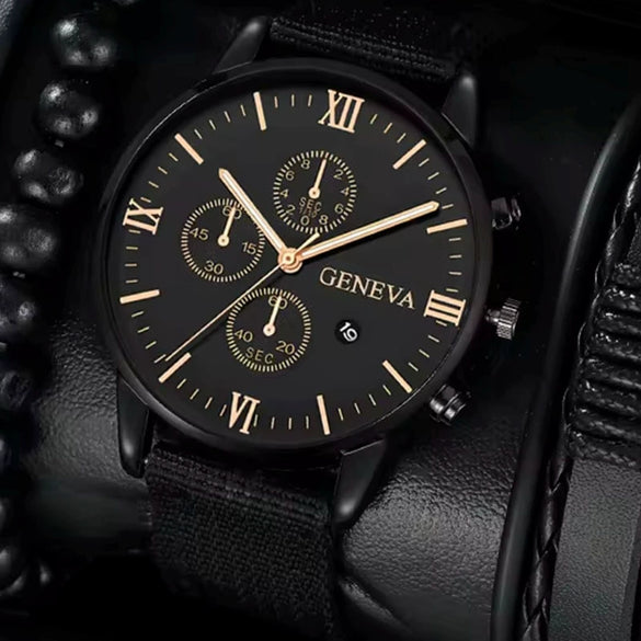 Canvas Alloy Watch Bracelet Set Round Dial Men's Quartz Watch