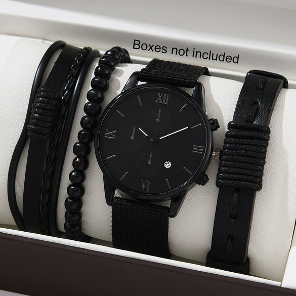 Canvas Alloy Watch Bracelet Set Round Dial Men's Quartz Watch