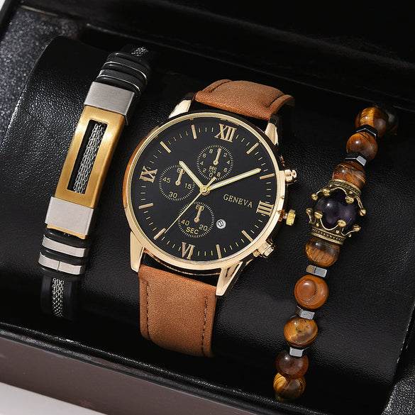 Canvas Alloy Watch Bracelet Set Round Dial Men's Quartz Watch