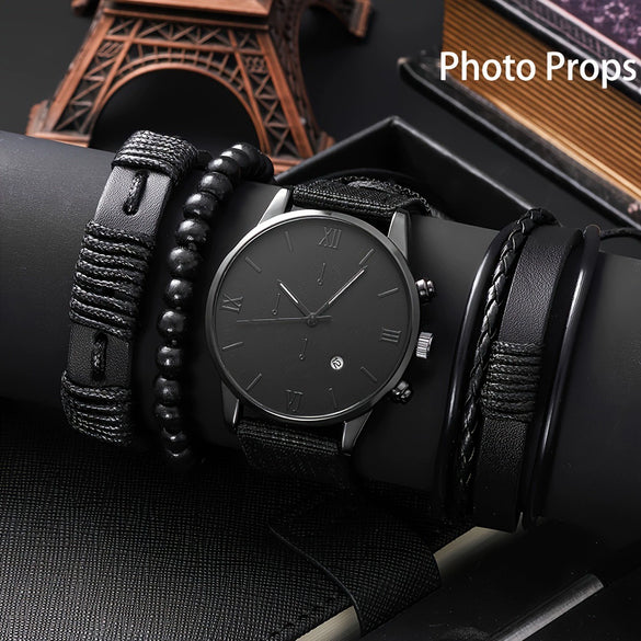 Canvas Alloy Watch Bracelet Set Round Dial Men's Quartz Watch