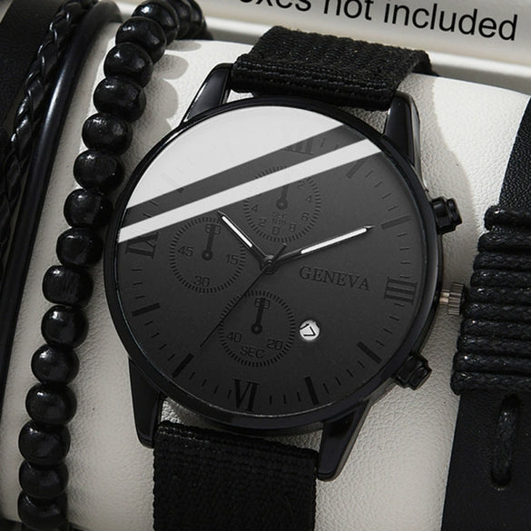 Canvas Alloy Watch Bracelet Set Round Dial Men's Quartz Watch