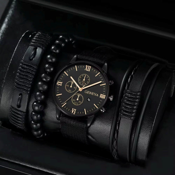 Canvas Alloy Watch Bracelet Set Round Dial Men's Quartz Watch