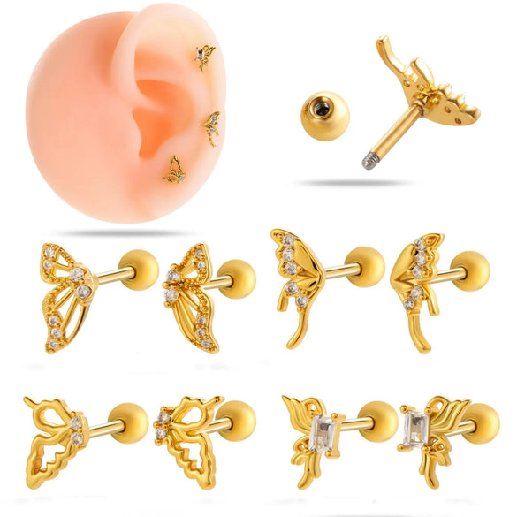 Cartilage Piercing Ear Bone Nail Stainless Steel Butterfly Shape Micropaved Zircon Electroplated Women's Style