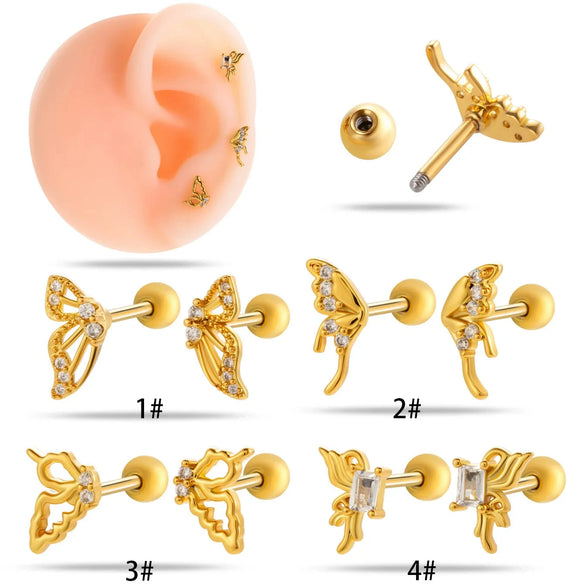 Cartilage Piercing Ear Bone Nail Stainless Steel Butterfly Shape Micropaved Zircon Electroplated Women's Style