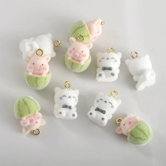 Cartoon Cute Pink Pig Kitten Stereo Resin Spray Velvet Handmade Jewelry Pendant Bracelet Necklace Earrings