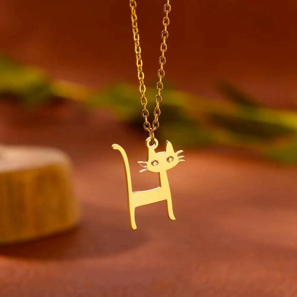 Cartoon Jewelry Kitten Pendant Stainless Steel Necklace With Letter Pattern And Electroplating Treatment
