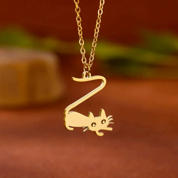 Cartoon Jewelry Kitten Pendant Stainless Steel Necklace With Letter Pattern And Electroplating Treatment