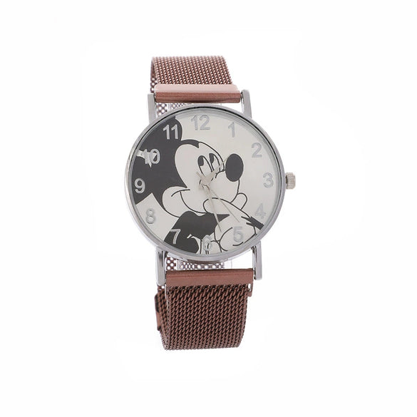 Cartoon Mickey Watch With Alloy Case And Strap Milan Magnet Strap Round Dial For Boys And Girls Quartz Movement Suitable As Children Gift