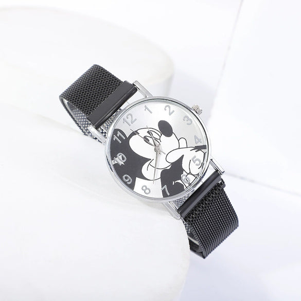 Cartoon Mickey Watch With Alloy Case And Strap Milan Magnet Strap Round Dial For Boys And Girls Quartz Movement Suitable As Children Gift
