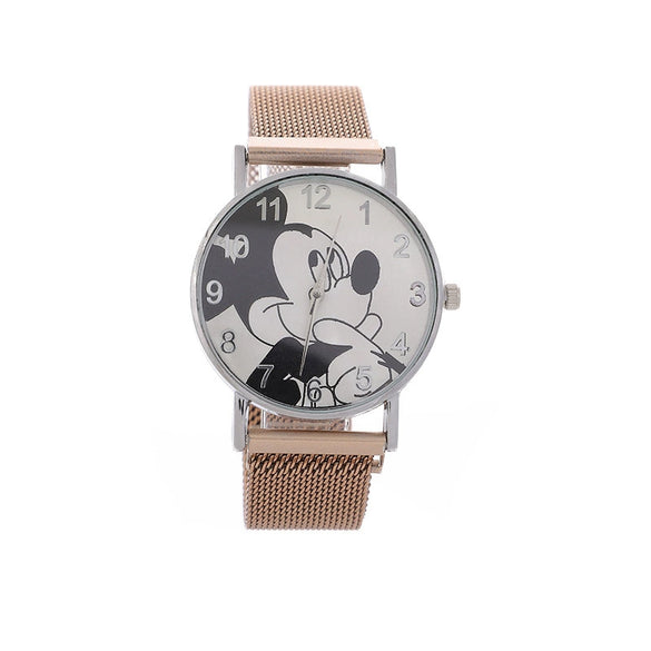 Cartoon Mickey Watch With Alloy Case And Strap Milan Magnet Strap Round Dial For Boys And Girls Quartz Movement Suitable As Children Gift