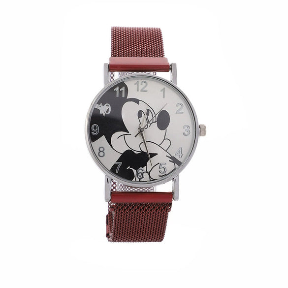 Cartoon Mickey Watch With Alloy Case And Strap Milan Magnet Strap Round Dial For Boys And Girls Quartz Movement Suitable As Children Gift