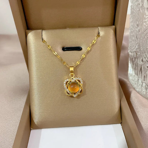 Cartoon Style Heart Shape Flower Titanium Steel Copper Inlay Rhinestones Pendant Necklace