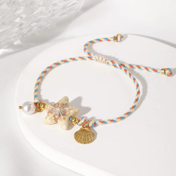 Casual Beach Sweet Shell Ceramics 18K Gold Plated 304 Stainless Steel Shell Twisted Rope Chain String Bracelets Wholesale