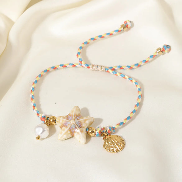 Casual Beach Sweet Shell Ceramics 18K Gold Plated 304 Stainless Steel Shell Twisted Rope Chain String Bracelets Wholesale