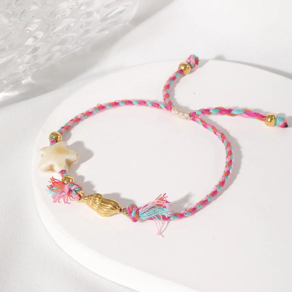 Casual Beach Sweet Shell Ceramics 18K Gold Plated 304 Stainless Steel Shell Twisted Rope Chain String Bracelets Wholesale