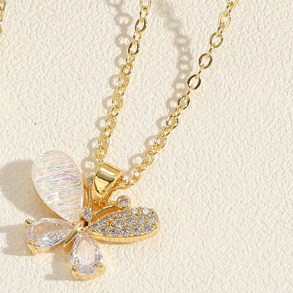 Casual Classic Style Four Leaf Clover Butterfly Copper Plating Inlay Zircon 14k Gold Plated Pendant Necklace