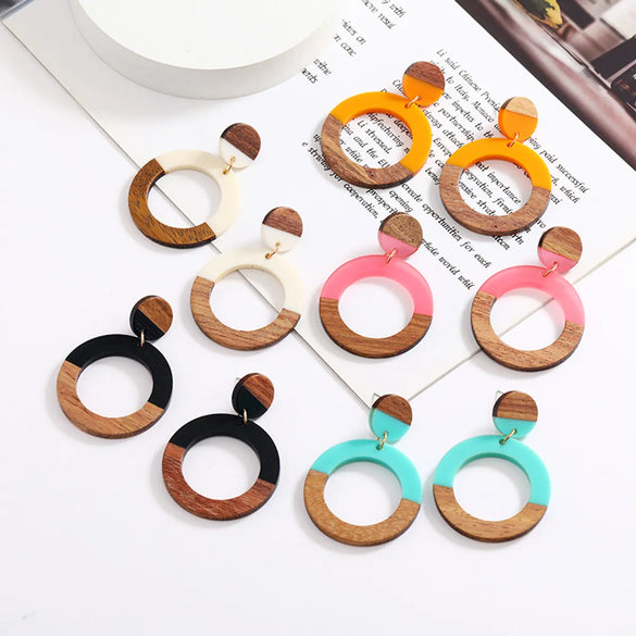 Casual Color Block Wood Resin Patchwork Women'S Drop Earrings