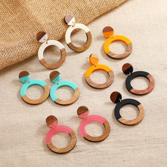 Casual Color Block Wood Resin Patchwork Women'S Drop Earrings
