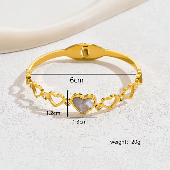 Casual Elegant Basic Heart Shape Stainless Steel Asymmetrical Hollow Out Inlay Shell 18k Gold Plated Bangle