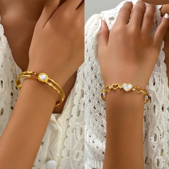 Casual Elegant Basic Heart Shape Stainless Steel Asymmetrical Hollow Out Inlay Shell 18k Gold Plated Bangle