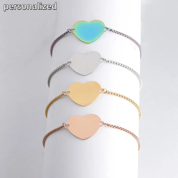 Casual Elegant Customization Laser Engraving Heart Shape 304 Stainless Steel Box Chain Chain & Link Bracelets Wholesale