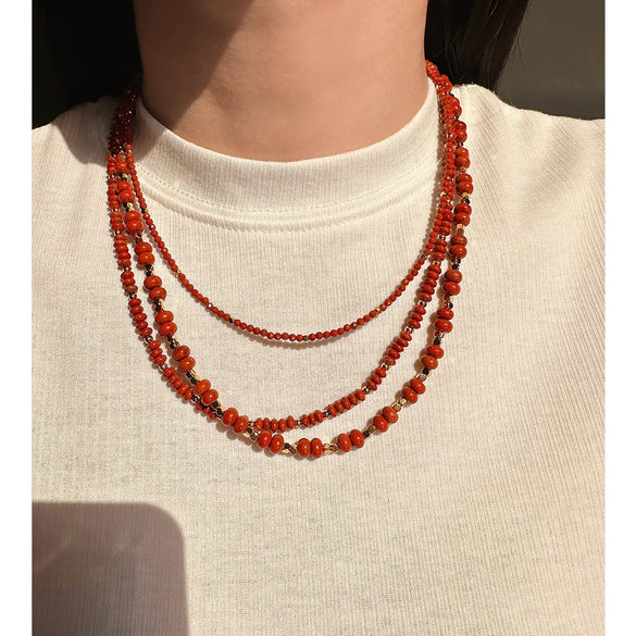 Casual Hawaiian Queen Round Natural Redstone Brass Beaded 24K Gold Plated Women'S Bracelets Necklace