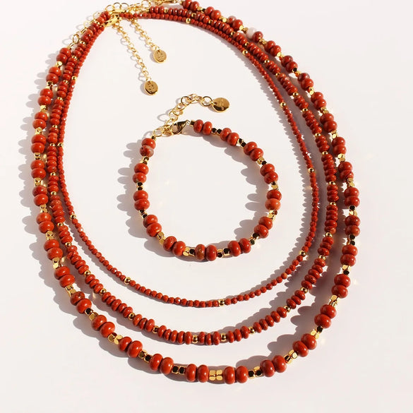 Casual Hawaiian Queen Round Natural Redstone Brass Beaded 24K Gold Plated Women'S Bracelets Necklace