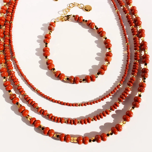Casual Hawaiian Queen Round Natural Redstone Brass Beaded 24K Gold Plated Women'S Bracelets Necklace