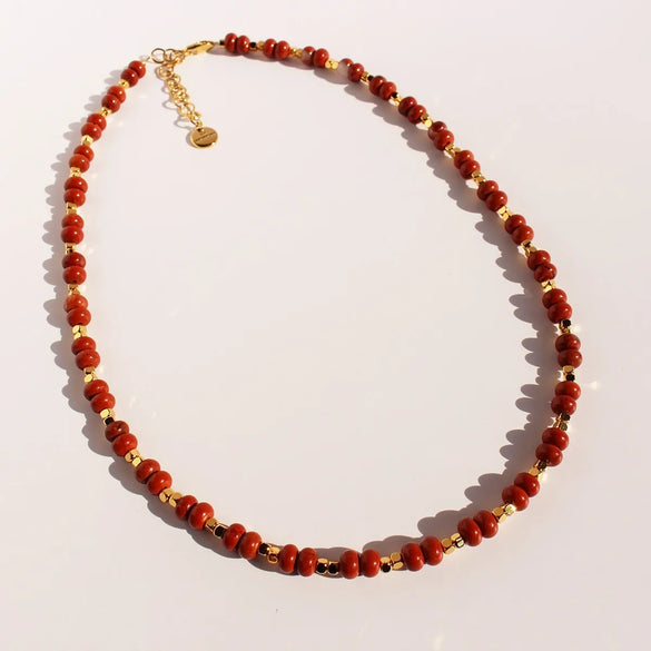 Casual Hawaiian Queen Round Natural Redstone Brass Beaded 24K Gold Plated Women'S Bracelets Necklace
