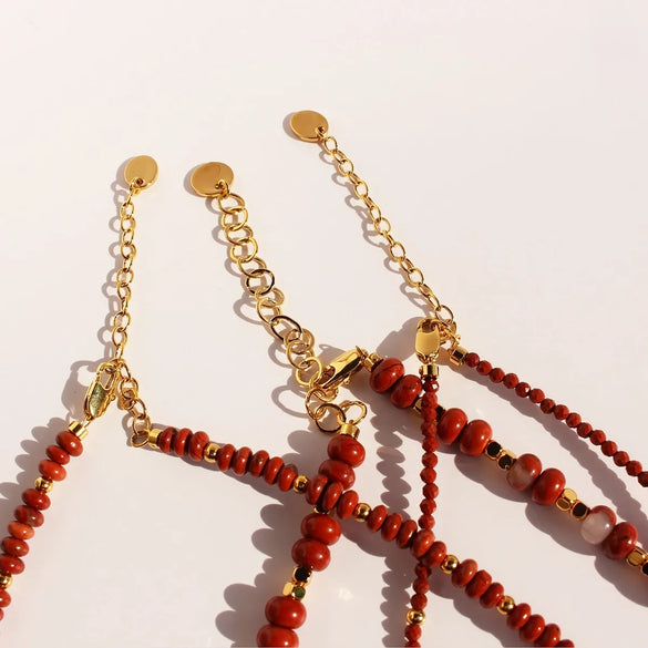 Casual Hawaiian Queen Round Natural Redstone Brass Beaded 24K Gold Plated Women'S Bracelets Necklace
