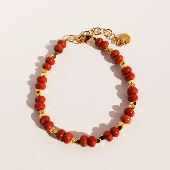 Casual Hawaiian Queen Round Natural Redstone Brass Beaded 24K Gold Plated Women'S Bracelets Necklace
