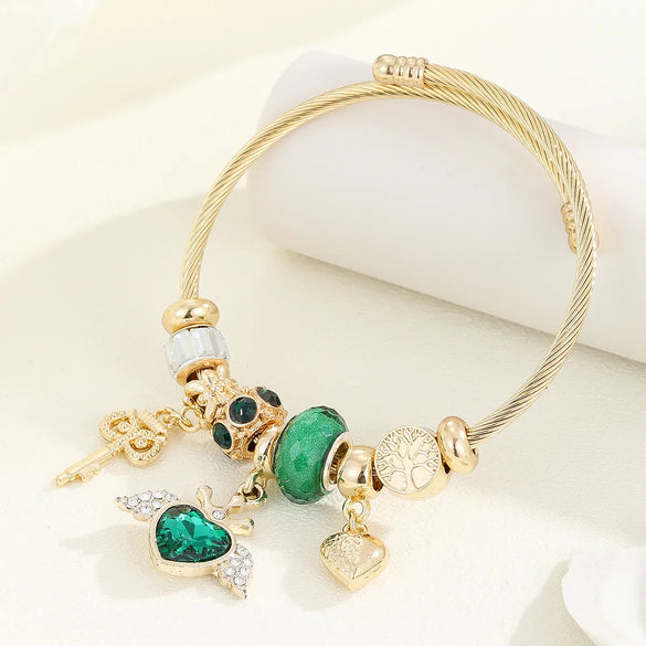 Casual Modern Style Classic Style Bear Owl Key Gold Plated Rhinestones Glass 304 Stainless Steel Alloy Wholesale Bangle